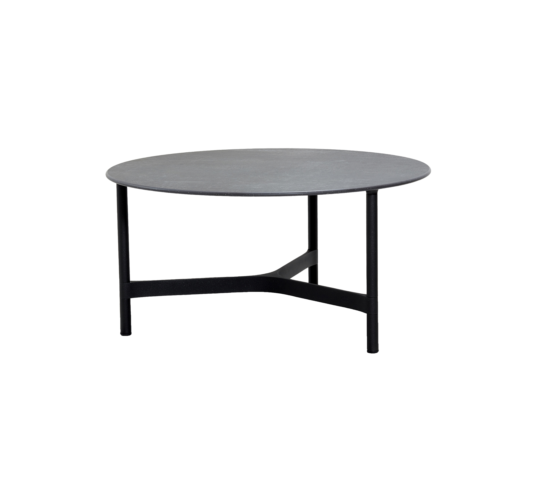 Ronde tafel met een grijze oppervlak, ondersteund door een slanke zwarte frame met een minimalistisch design. Ideaal voor moderne decoratie.