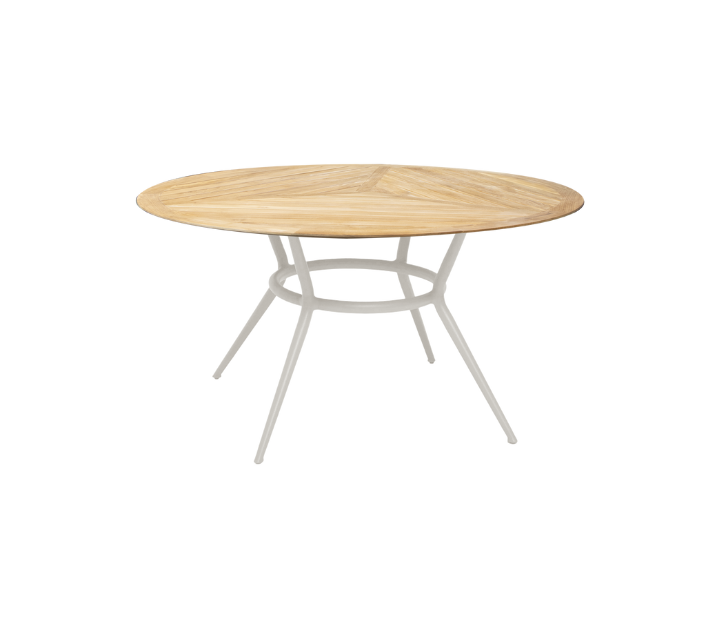 Ronde zandtafel met een minimalistisch ontwerp en een witte basis.