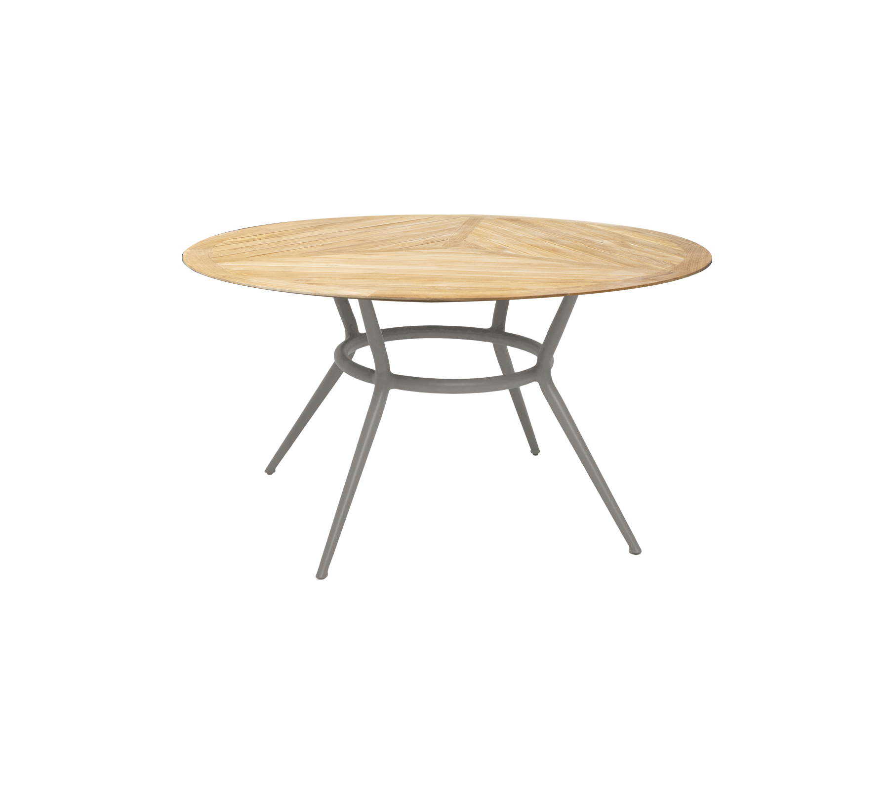 Ronde houten tafel met een lichte houten afwerking en stevige grijze poten, die een modern en stijlvol ontwerp biedt voor verschillende omgevingen.