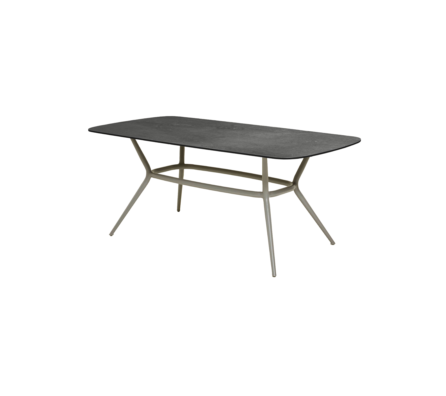 Modern rechthoekige tafel met een strakke donkere oppervlakte en stijlvolle, schuinstaande poten voor een eigentijdse uitstraling. Ideaal voor verschillende omgevingen.