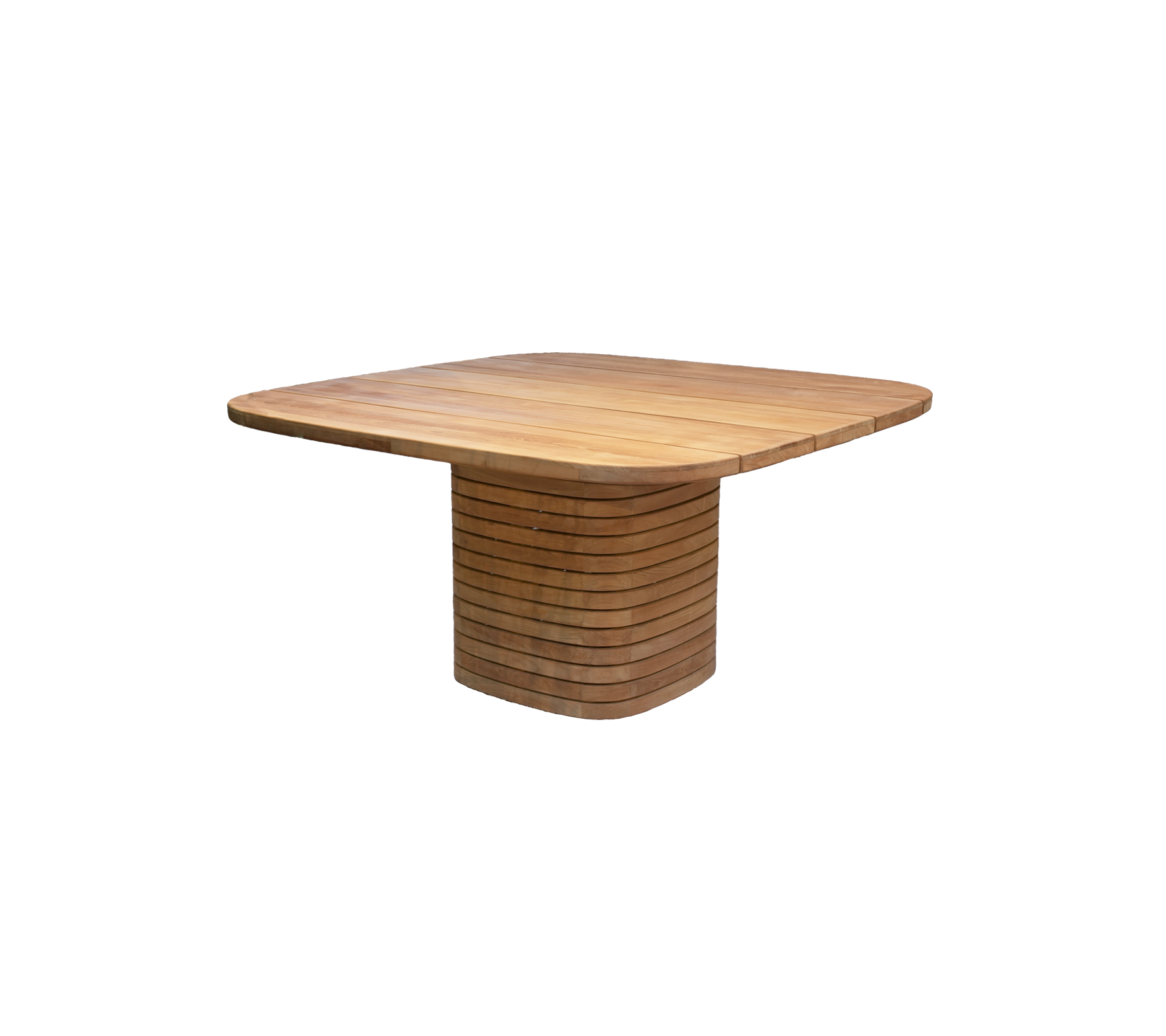 Vierkant teak eettafel met een uniek basisontwerp.