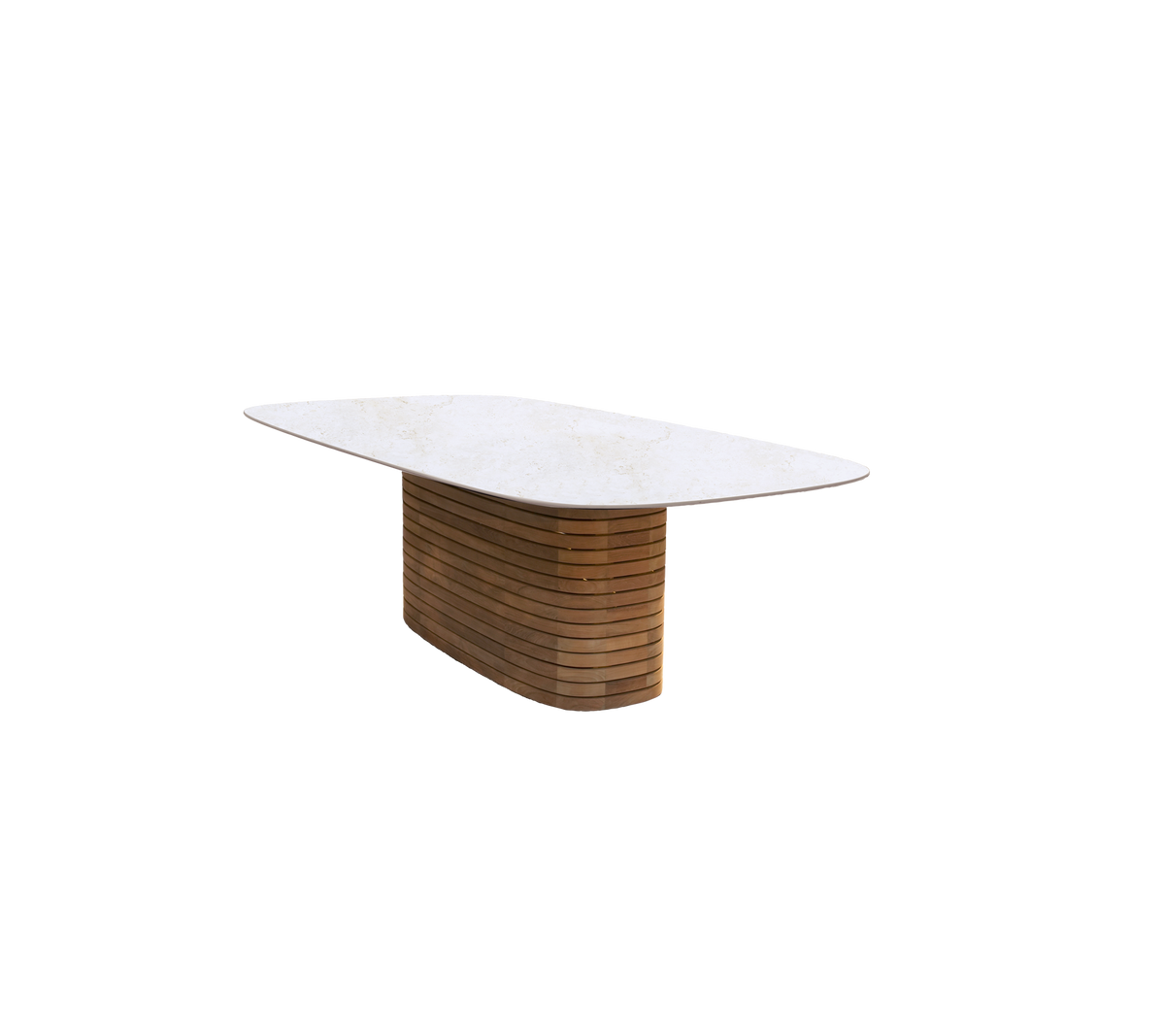 Modern eettafel met een teakhouten basis en een travertin-look bovenblad.