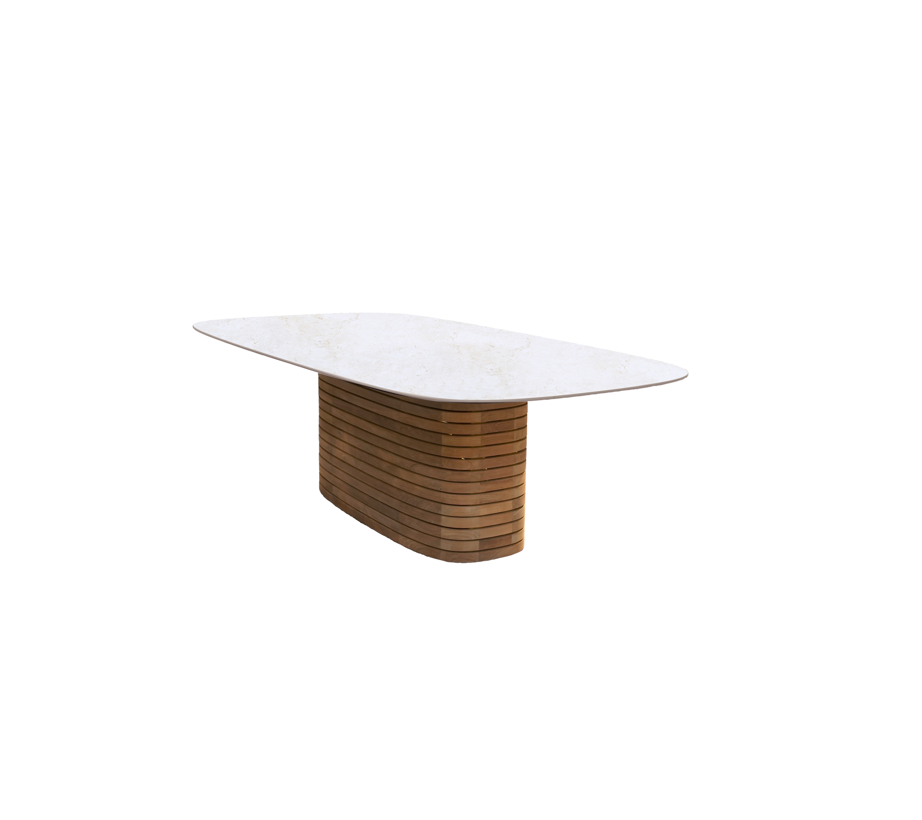 Modern eettafel met een teakhouten basis en een travertin-look bovenblad.