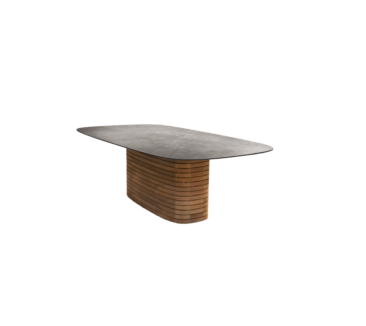 Teak tafel met een gladde top en een onderscheidend basisontwerp.