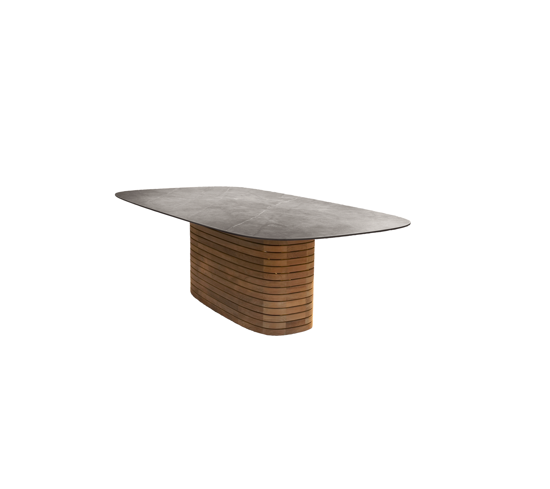 Teak tafel met een gladde top en een onderscheidend basisontwerp.