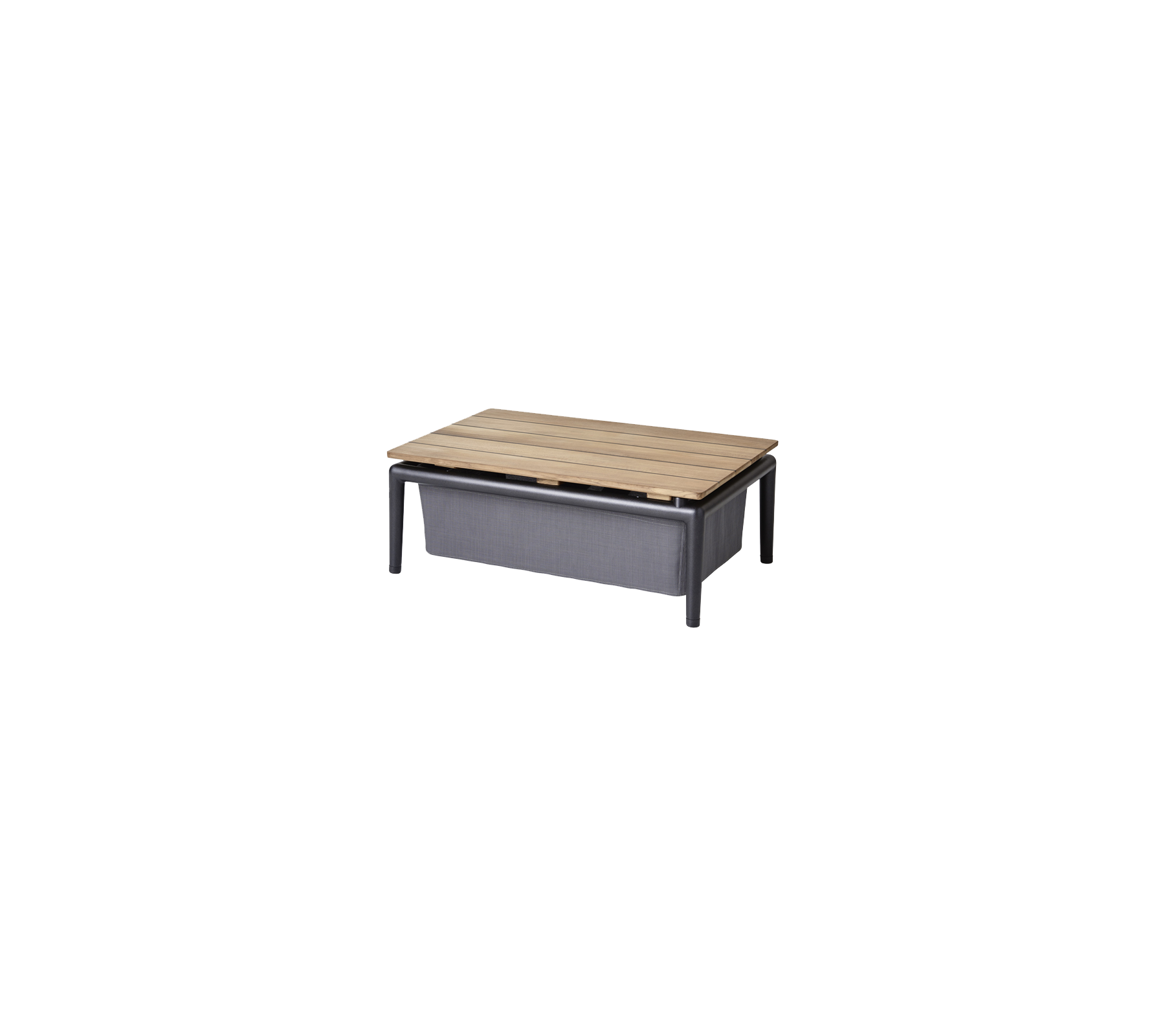 Salontafel met een houten blad en een opbergvak, met een minimalistisch ontwerp en contrasterende kleuren.