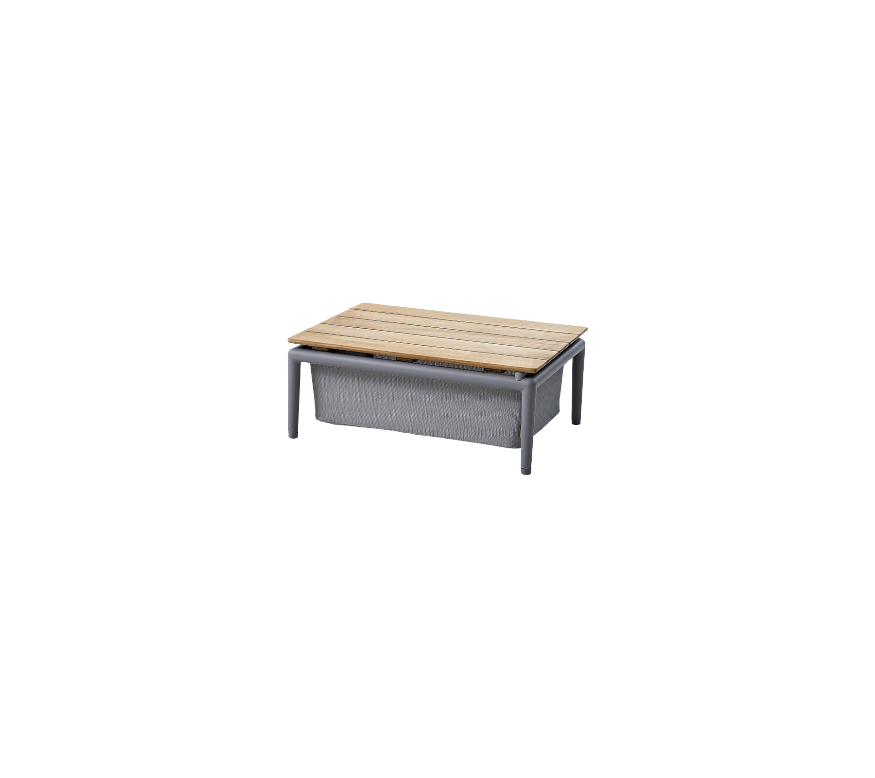 Rechthoekige tafel met een houten blad en een stevige, grijze frame, ontworpen voor veelzijdig gebruik in verschillende omgevingen.