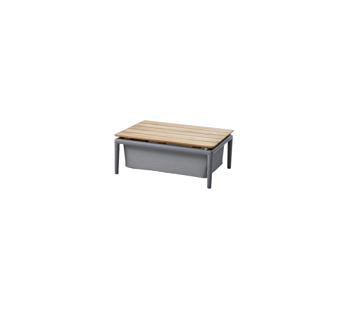 Rechthoekige tafel met een houten blad en een stevige, grijze frame, ontworpen voor veelzijdig gebruik in verschillende omgevingen.