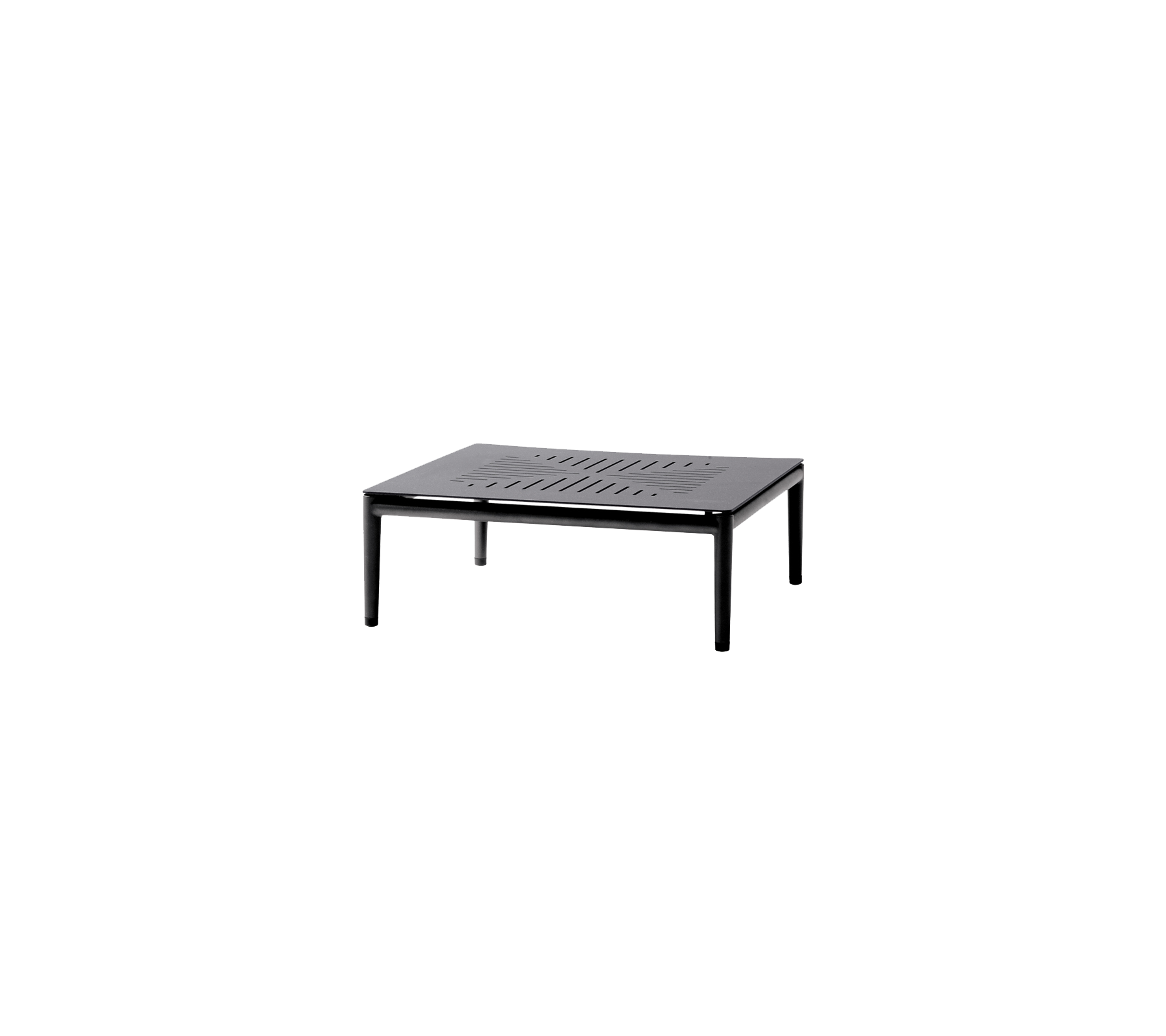 Vierkant zwart tafel met een lattenblad en stevige poten, geschikt voor verschillende omgevingen en doeleinden.