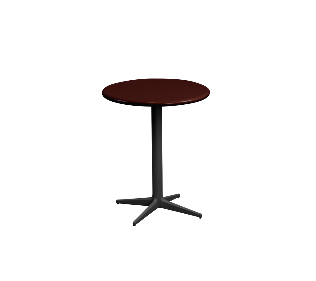Bordeaux rond tafel met een zwarte voet.