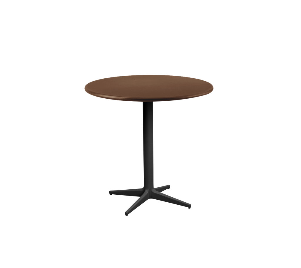 Ronde bruine tafel met een zwarte basis.