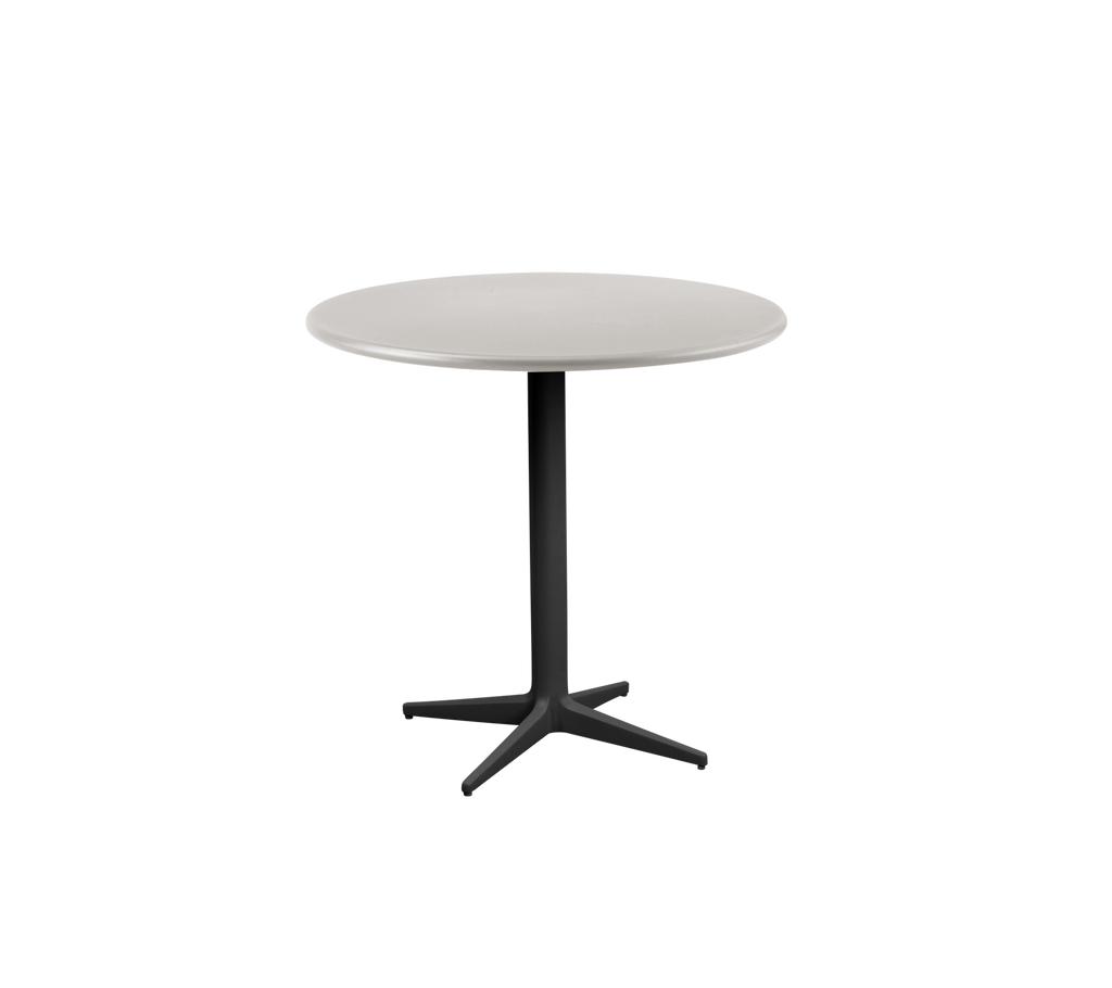 Modern grijs tafel met een ronde bovenkant en een zwarte basis.