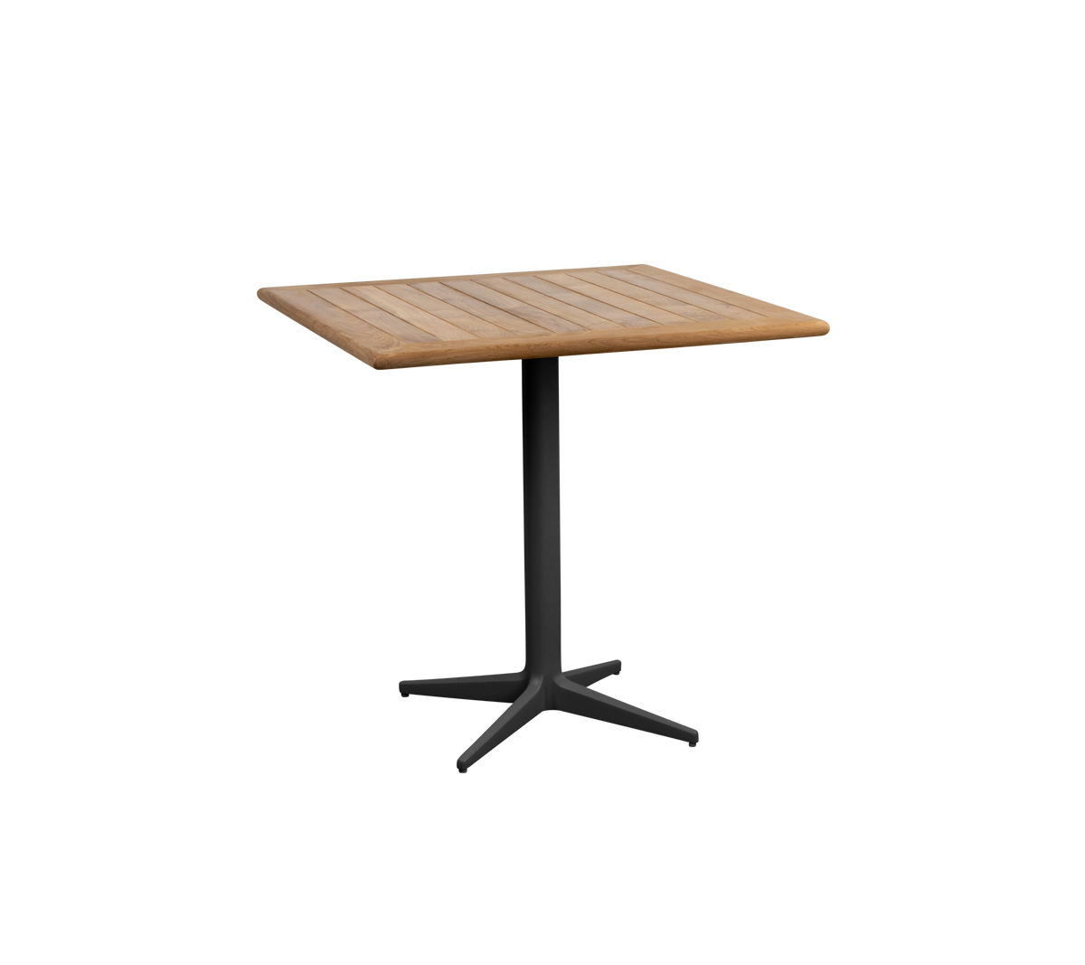 Vierkant tafel met een houten blad en een slanke zwarte pedestalbasis, ideaal voor verschillende omgevingen en bijeenkomsten.
