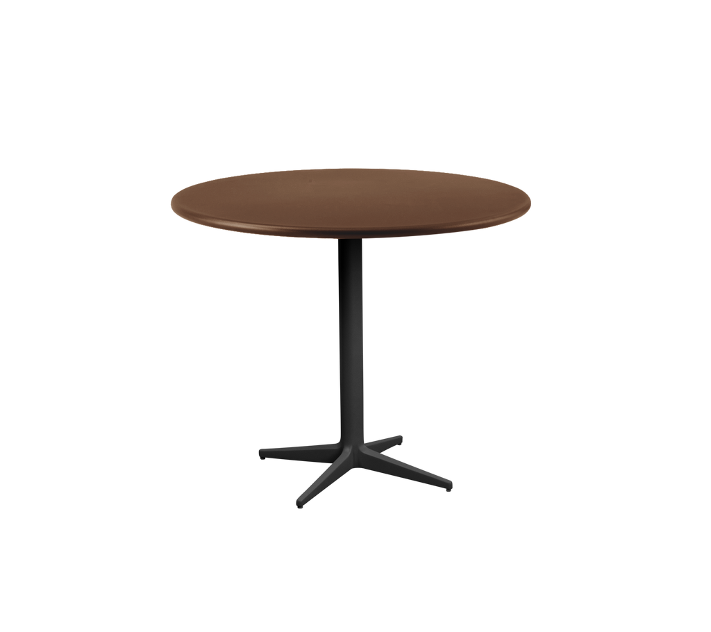 Moderne bruine ronde tafel met een zwarte basis.