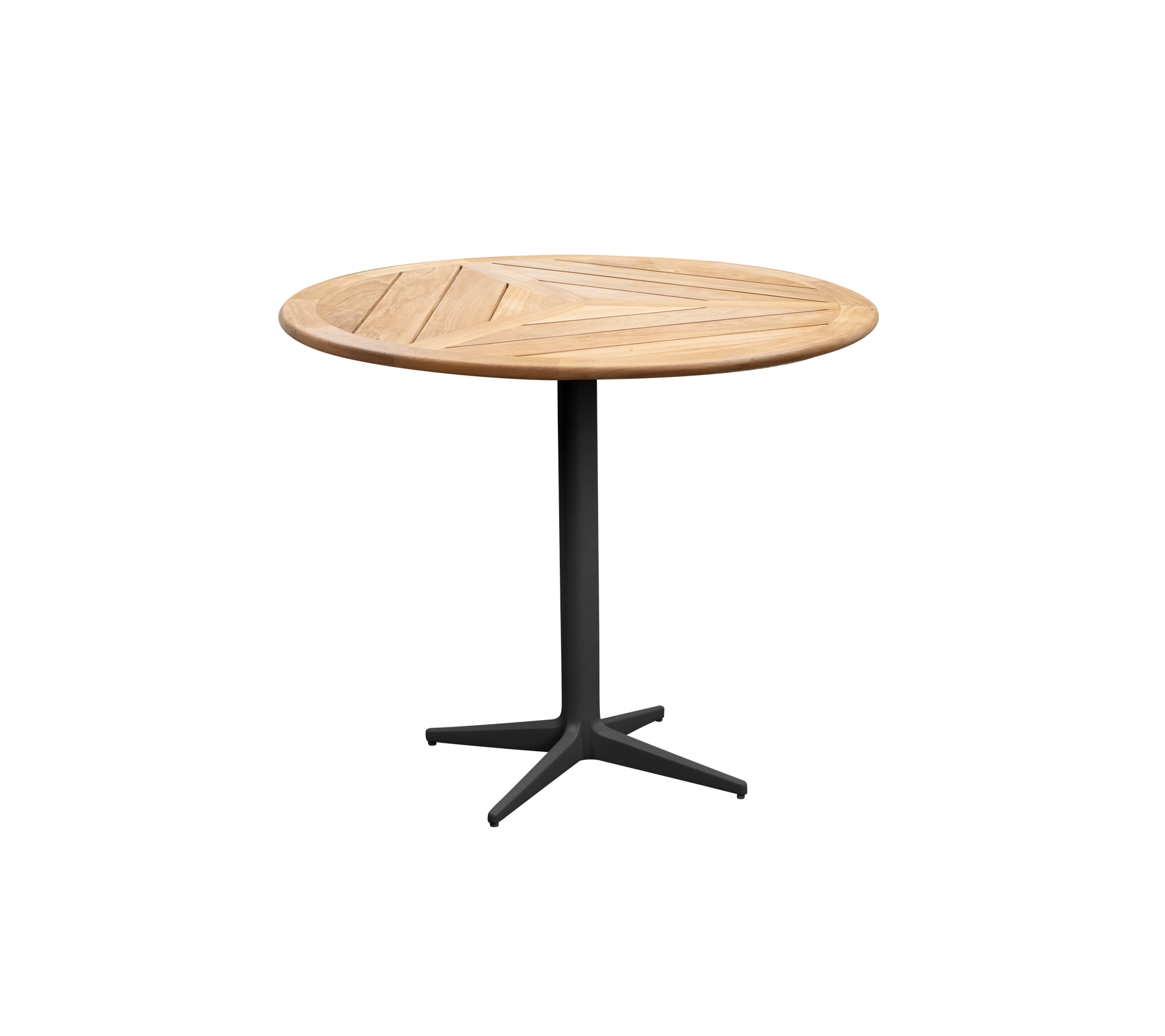 Ronde houten tafel met een slank ontwerp en een stevige zwarte basis, perfect voor verschillende settings. Ideaal voor informeel dineren of bijeenkomsten.