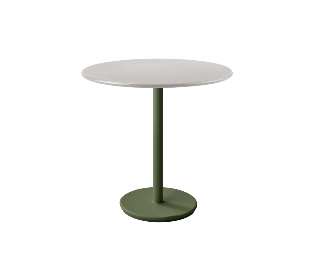 Modern ronde tafel met een donkergroene basis en een lichte top.