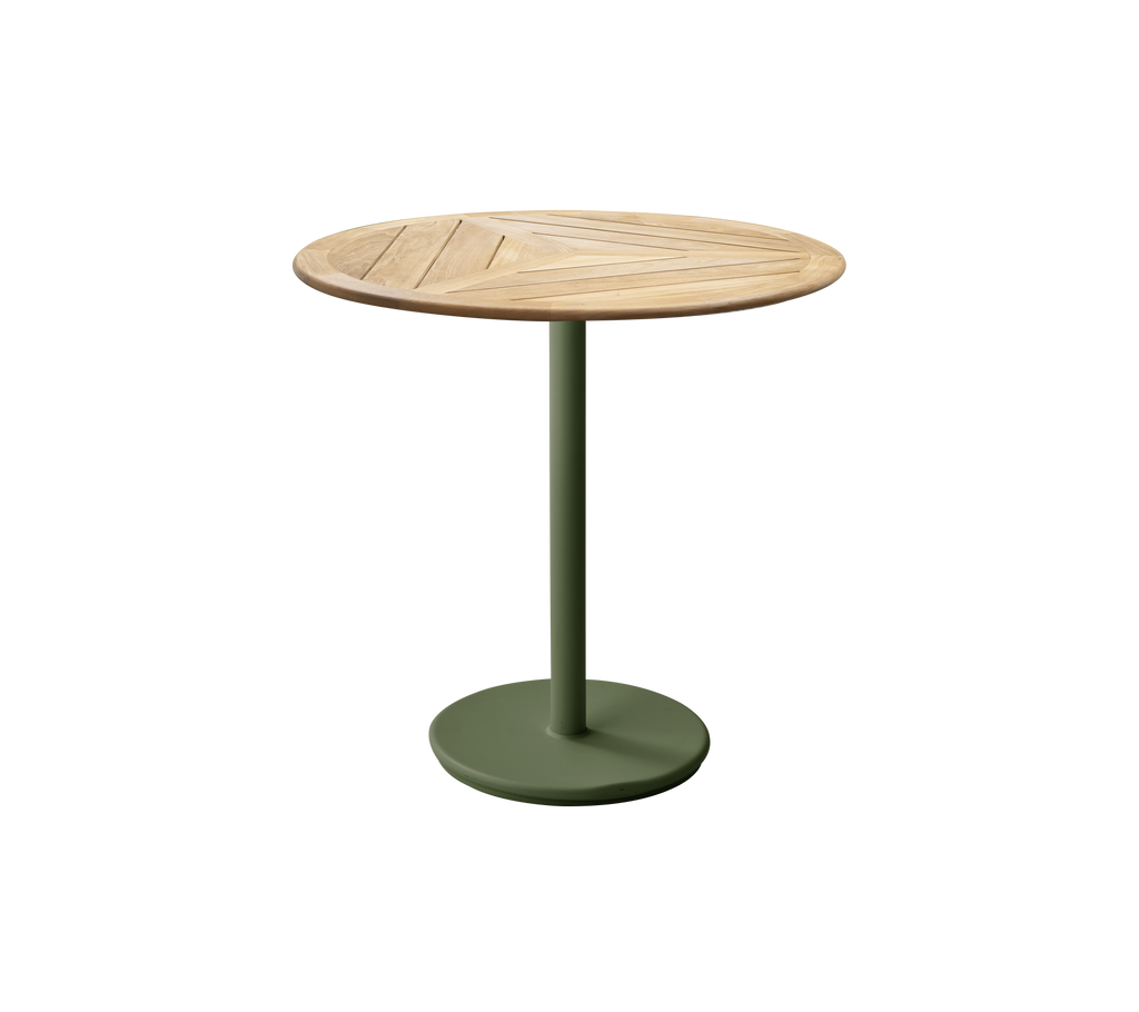 Modern ronde tafel met een donkergroene basis en een teakblad.