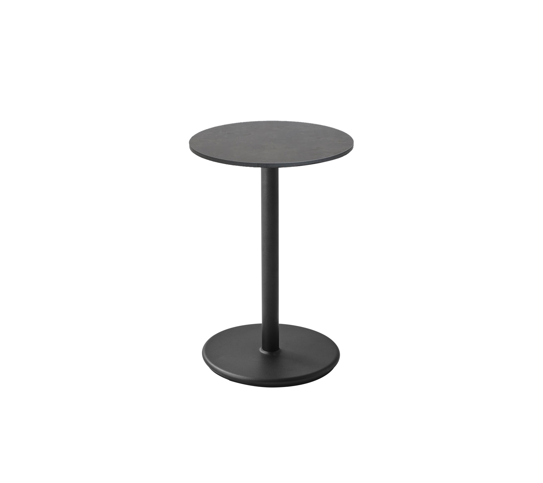 Een strak zwart zijtafel met een ronde top en stevige basis, perfect voor veelzijdige styling in verschillende ruimtes.