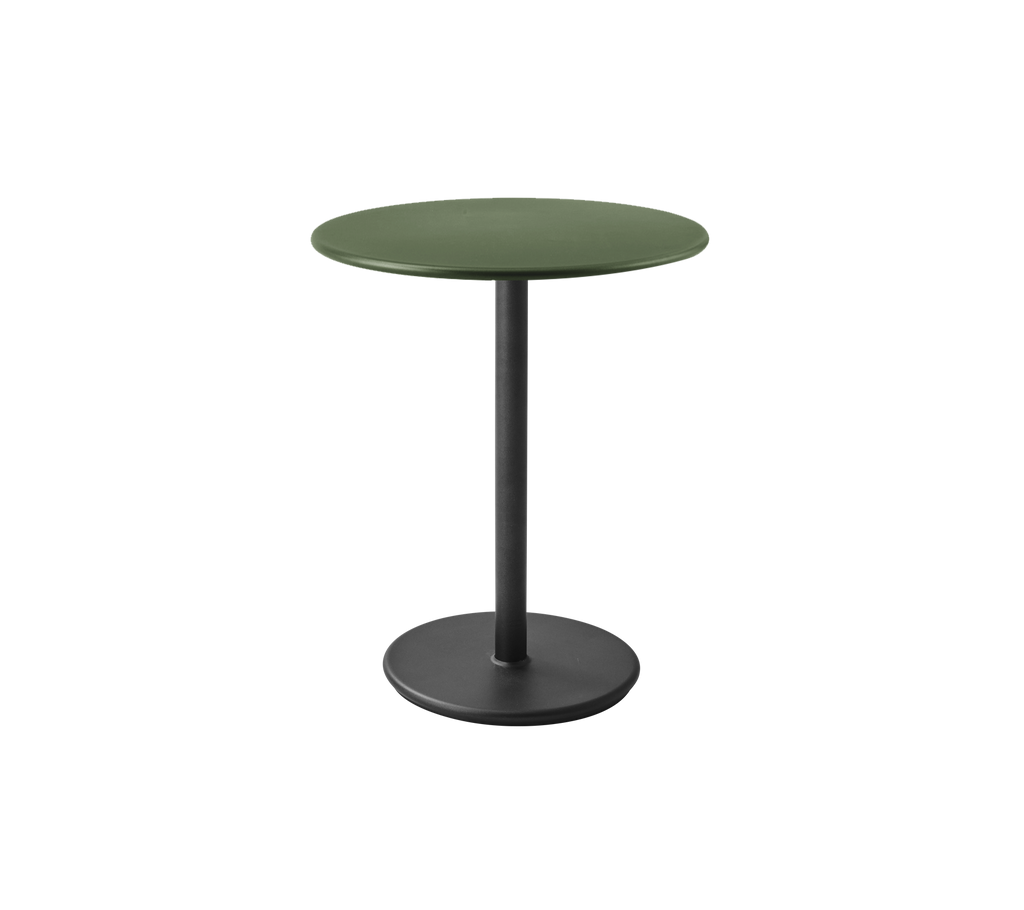 Modern groene tafel met een ronde bovenkant en slanke voet.