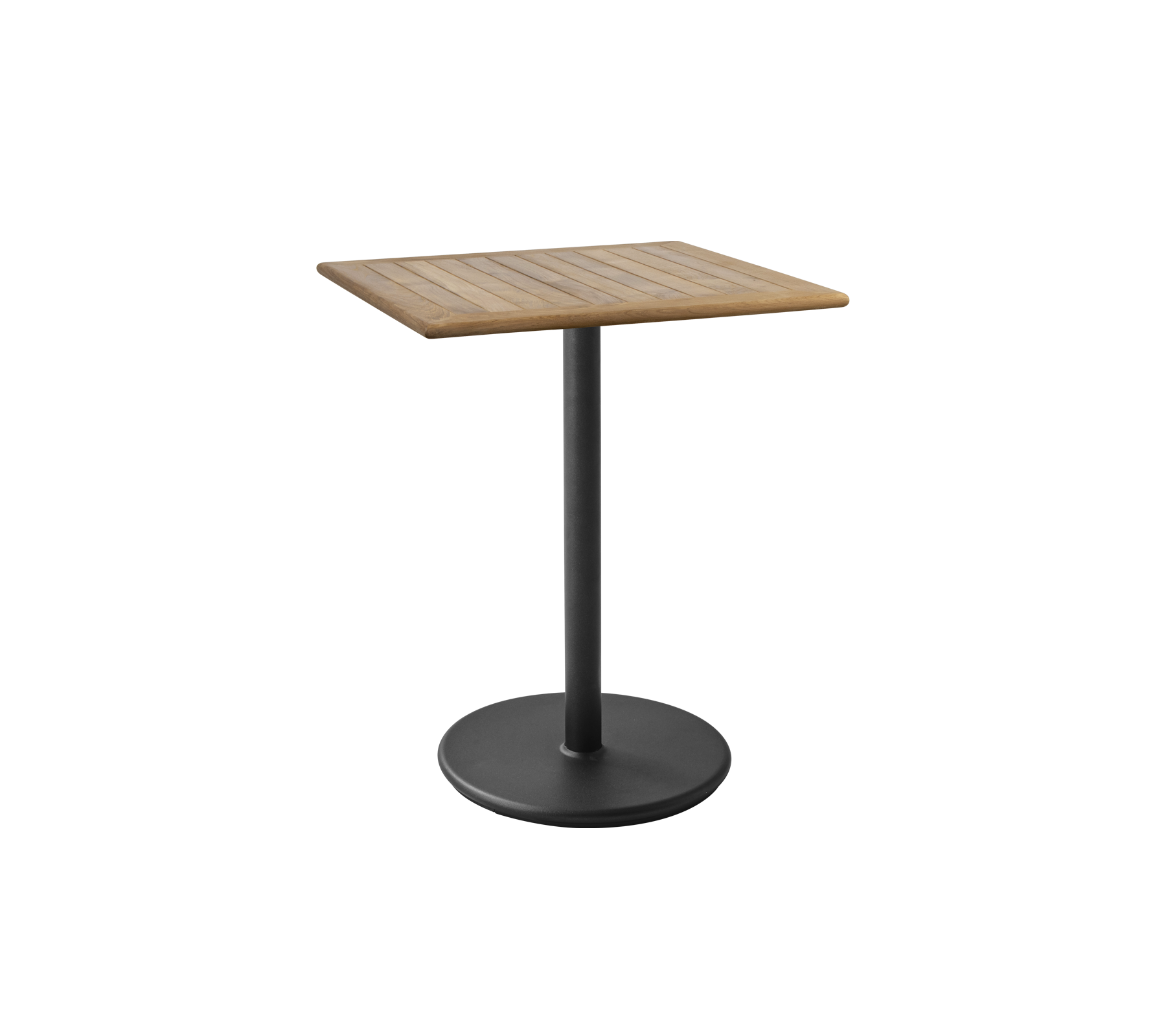Vierkant tafel met een latten houten blad en een slanke zwarte voet, ideaal voor verschillende omgevingen en stijlen.