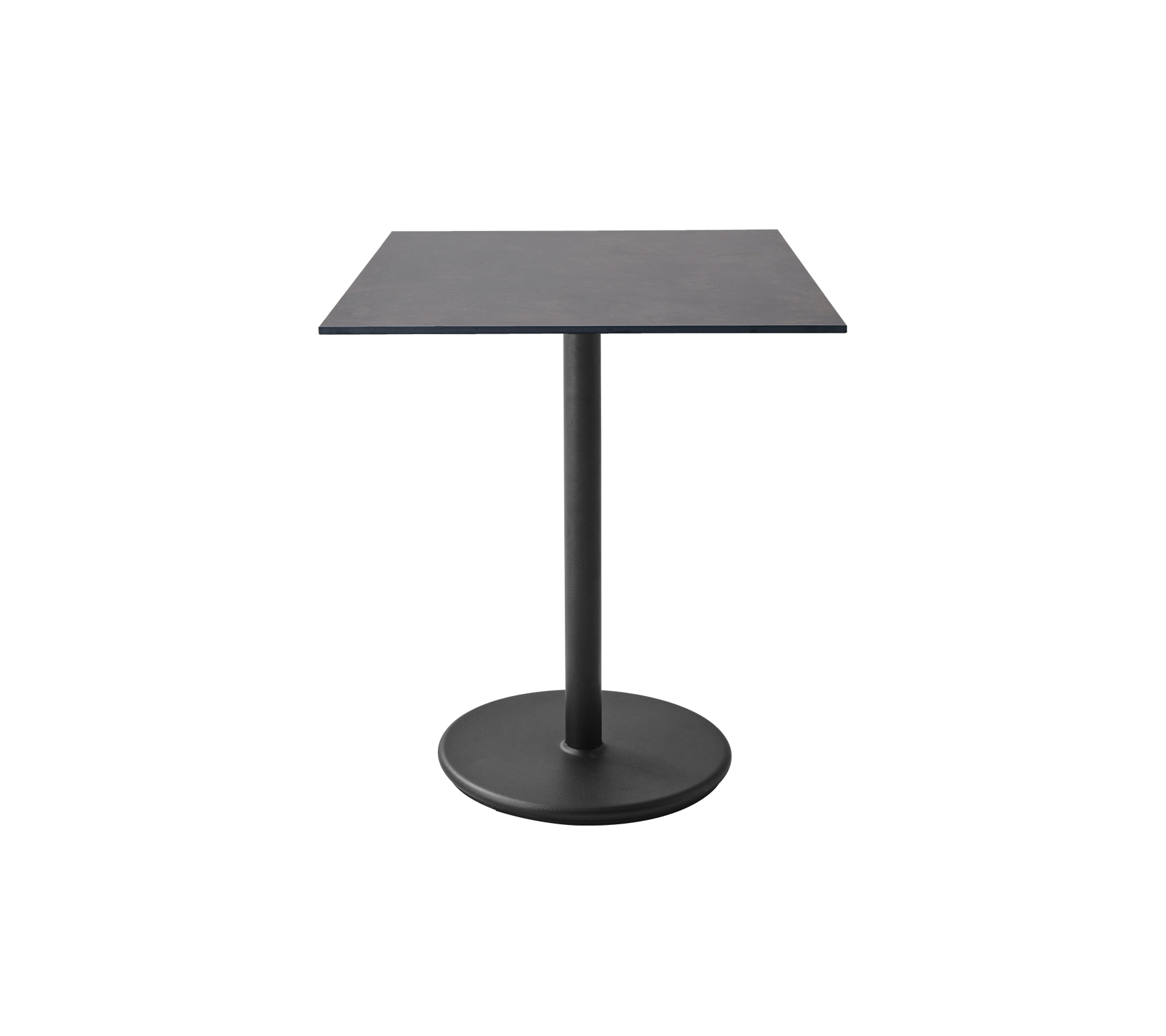 Vierkante tafel met een sleek oppervlak en een stevige ronde basis, ontworpen voor moderne ruimtes en veelzijdig gebruik.