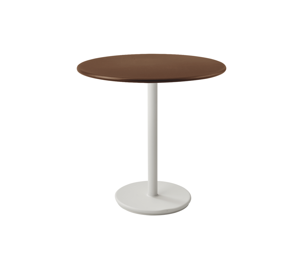 Ronde bruine tafel met een witte voet.