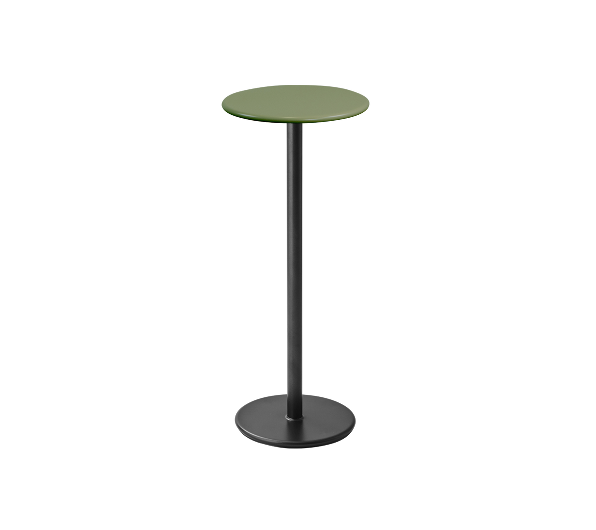 Hoge, slanke tafel met een ronde groene bovenkant en een zwarte basis, perfect voor informele settings of sociale bijeenkomsten.