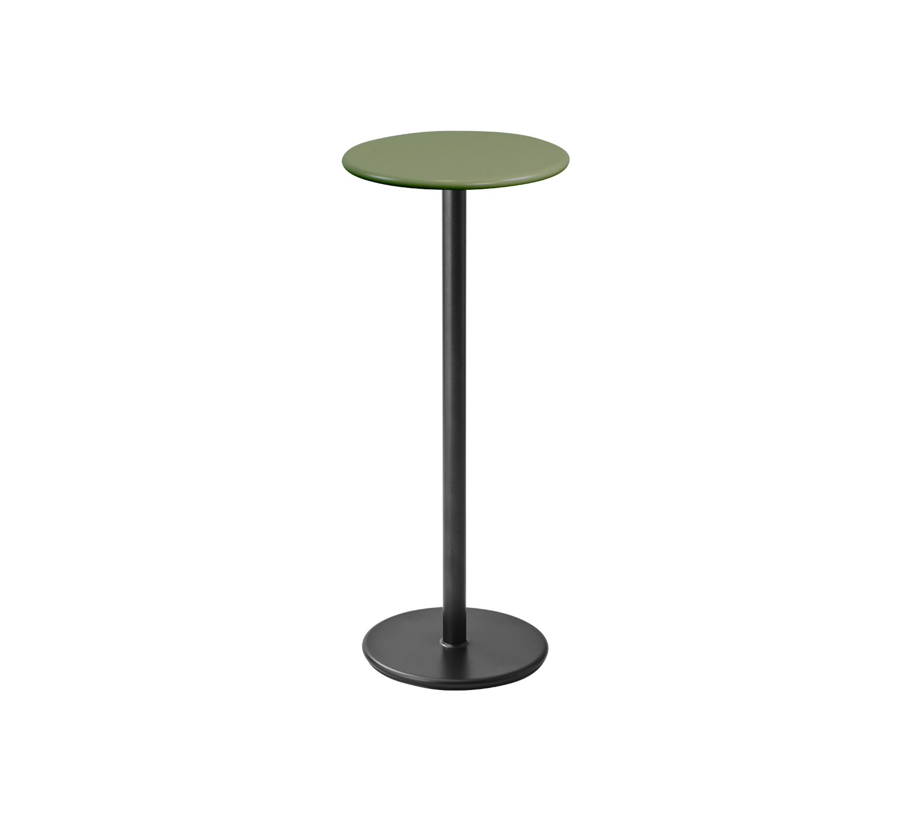 Hoge, slanke tafel met een ronde groene bovenkant en een zwarte basis, perfect voor informele settings of sociale bijeenkomsten.