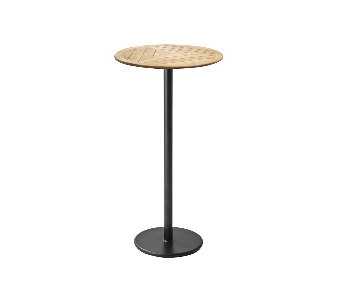 Stijlvolle, ronde bistrotafel met een slanke zwarte basis, perfect voor casual bijeenkomsten of als een eigentijds accentstuk.