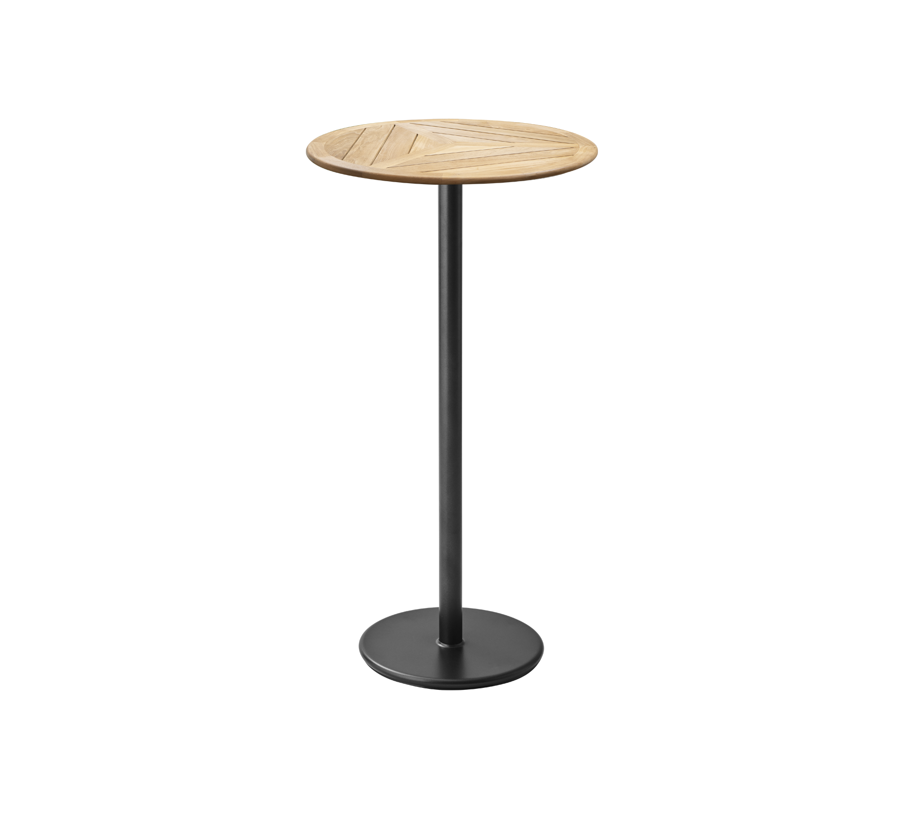 Stijlvolle, ronde bistrotafel met een slanke zwarte basis, perfect voor casual bijeenkomsten of als een eigentijds accentstuk.