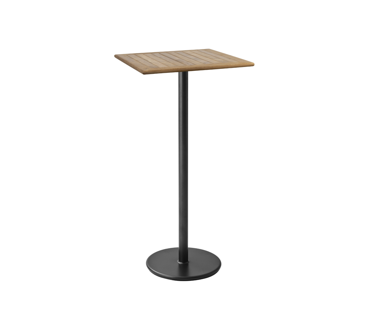 Een strak, modern tafel met een vierkant houten blad en een stevige zwarte metalen basis, perfect voor casual dineren of drankjes.