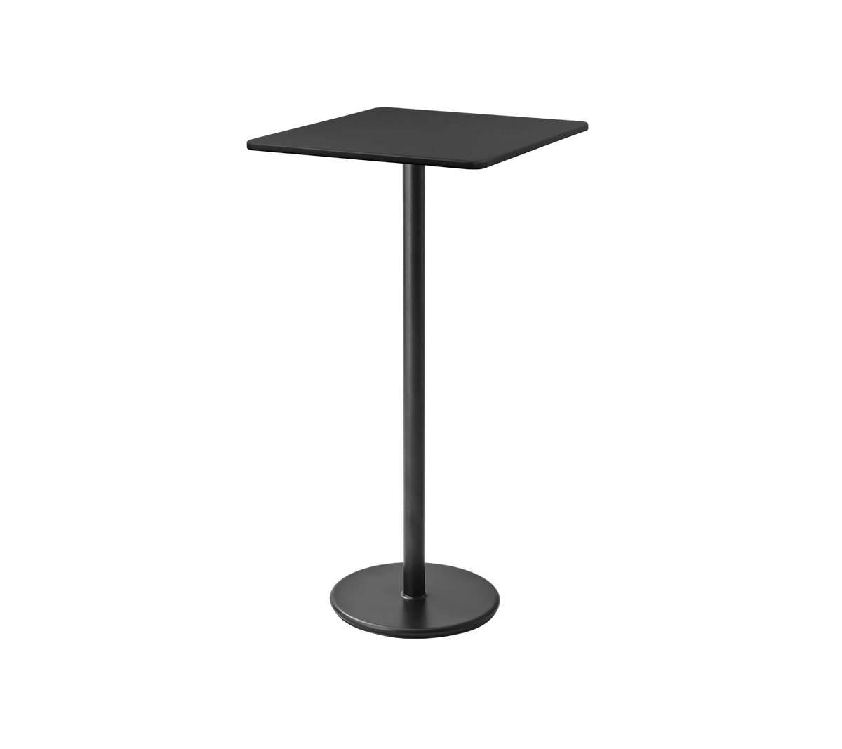 Zwarte, moderne pedestal tafel met een vierkante top en stevige ronde basis, ideaal voor informele diners of bijeenkomsten.