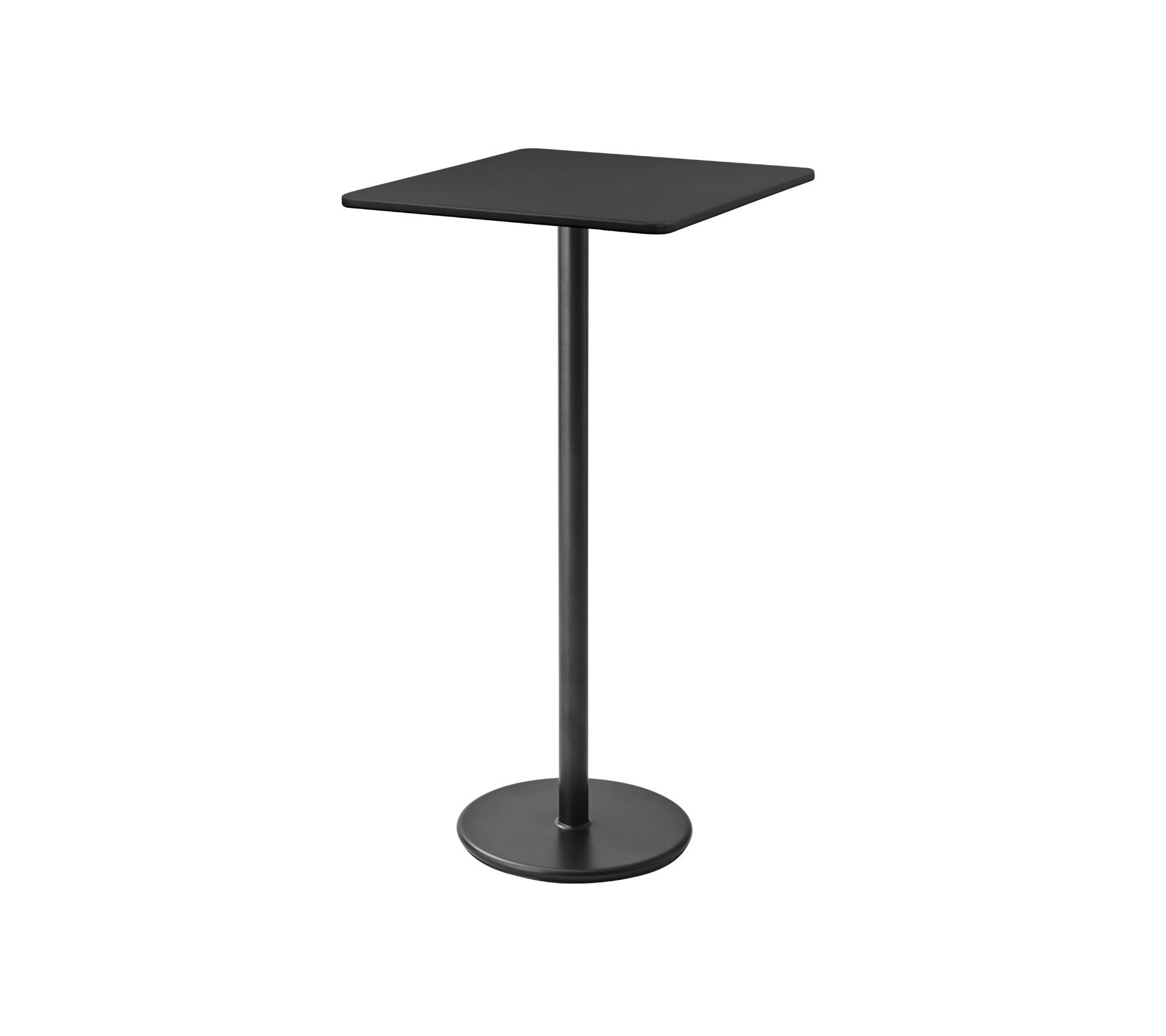 Zwarte, moderne pedestal tafel met een vierkante top en stevige ronde basis, ideaal voor informele diners of bijeenkomsten.