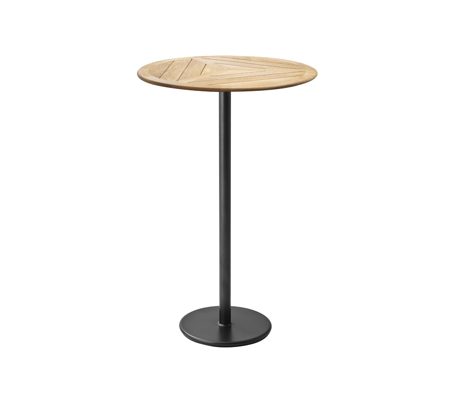 Rond houten tafel met een lattenblad, ondersteund door een slanke zwarte metalen voet. Ideaal voor informele diners of sociale bijeenkomsten.