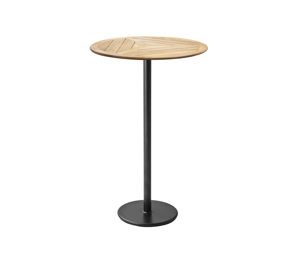 Rond houten tafel met een lattenblad, ondersteund door een slanke zwarte metalen voet. Ideaal voor informele diners of sociale bijeenkomsten.