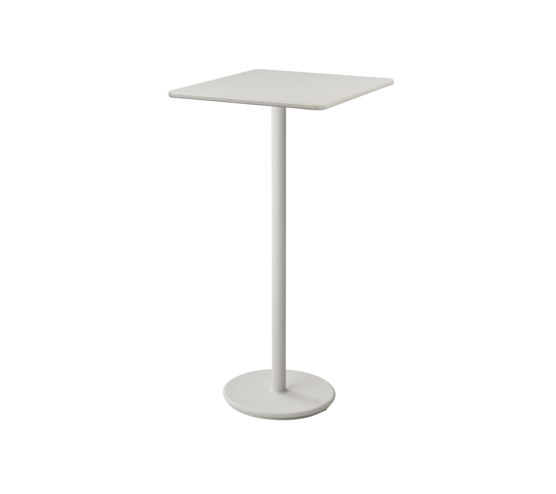 Minimalistisch wit bijzettafeltje met een vierkante bovenkant en slanke voet, ideaal voor kleine ruimtes of informele zithoeken.