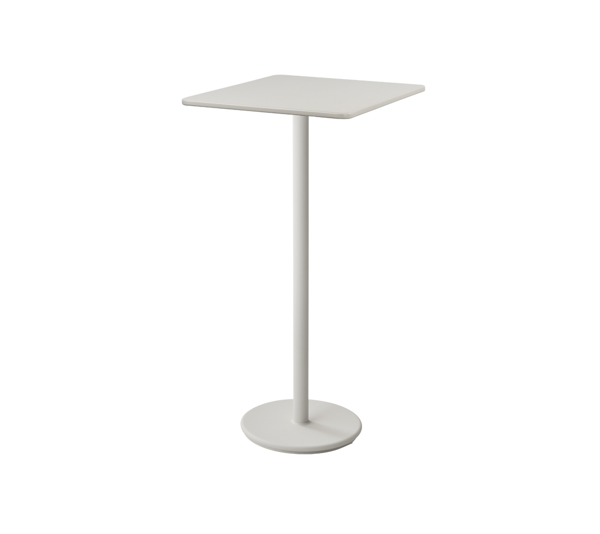 Minimalistisch wit bijzettafeltje met een vierkante bovenkant en slanke voet, ideaal voor kleine ruimtes of informele zithoeken.
