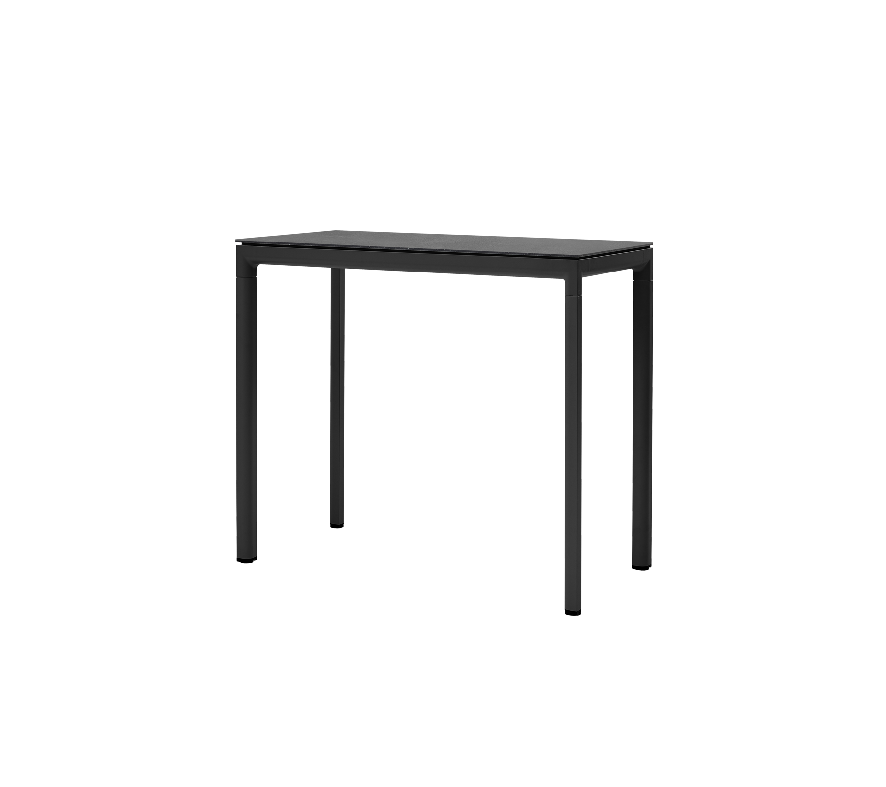 Een slank zwart tafel met een minimalistisch ontwerp en vier stevige poten, ideaal voor veelzijdig gebruik in verschillende omgevingen.