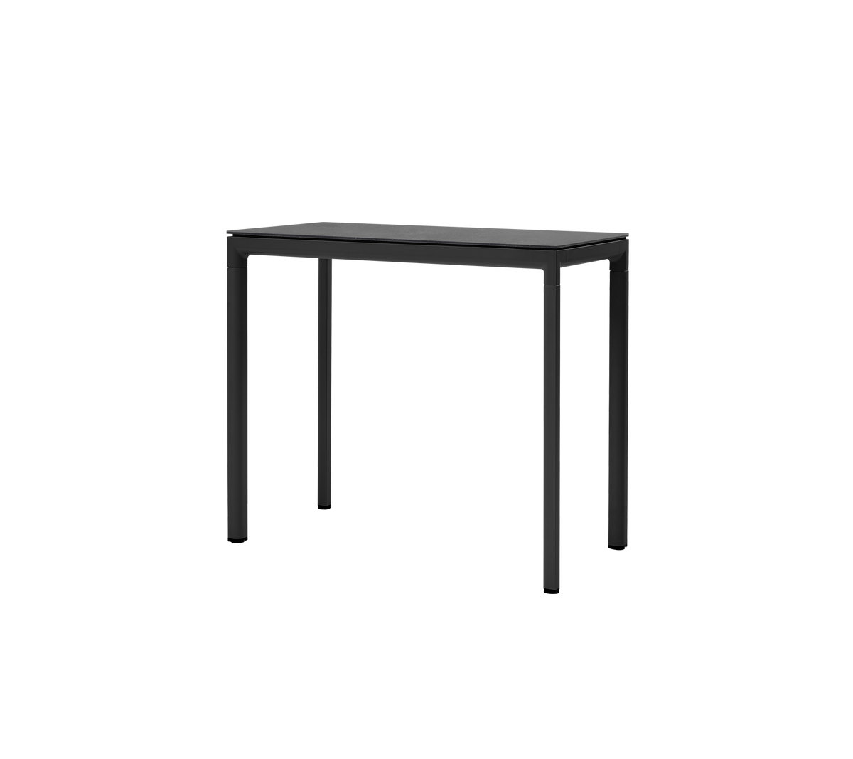Een slank zwart tafel met een minimalistisch ontwerp en vier stevige poten, ideaal voor veelzijdig gebruik in verschillende omgevingen.