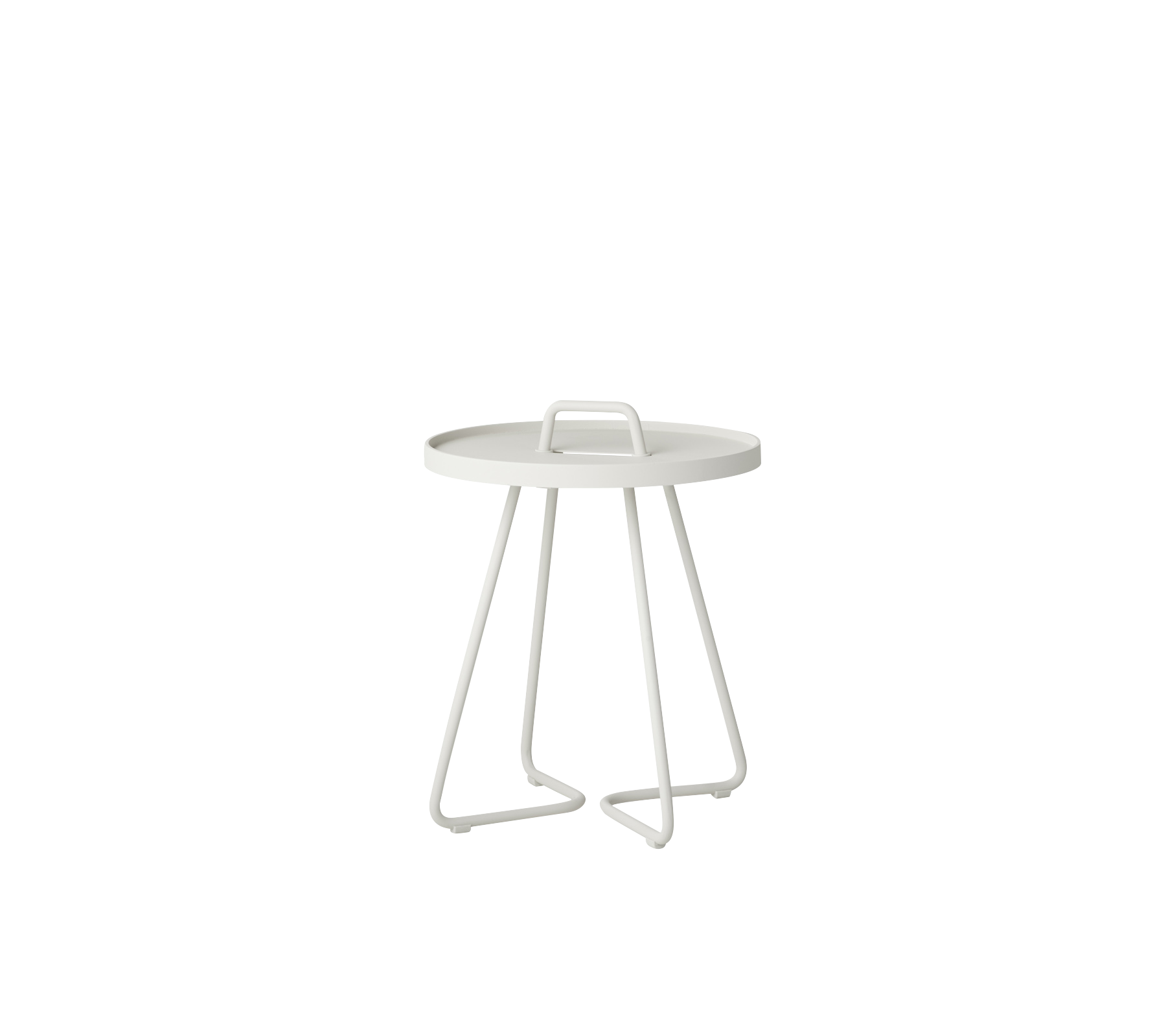 Modern rond bijzettafel met een minimalistisch ontwerp en stevige, hoekige poten in een schone witte afwerking.