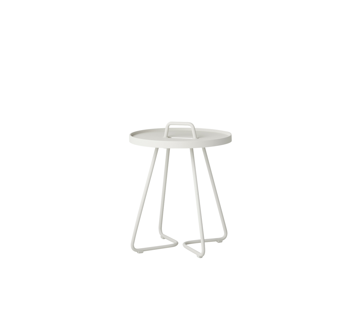 Modern rond bijzettafel met een minimalistisch ontwerp en stevige, hoekige poten in een schone witte afwerking.