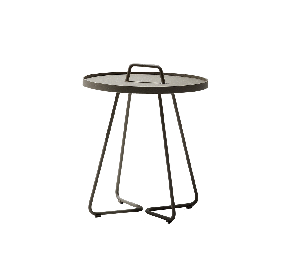 Ronde tafel met een slank ontwerp, voorzien van een draaghandvat en een minimalistische basis. Perfect voor elke moderne omgeving.