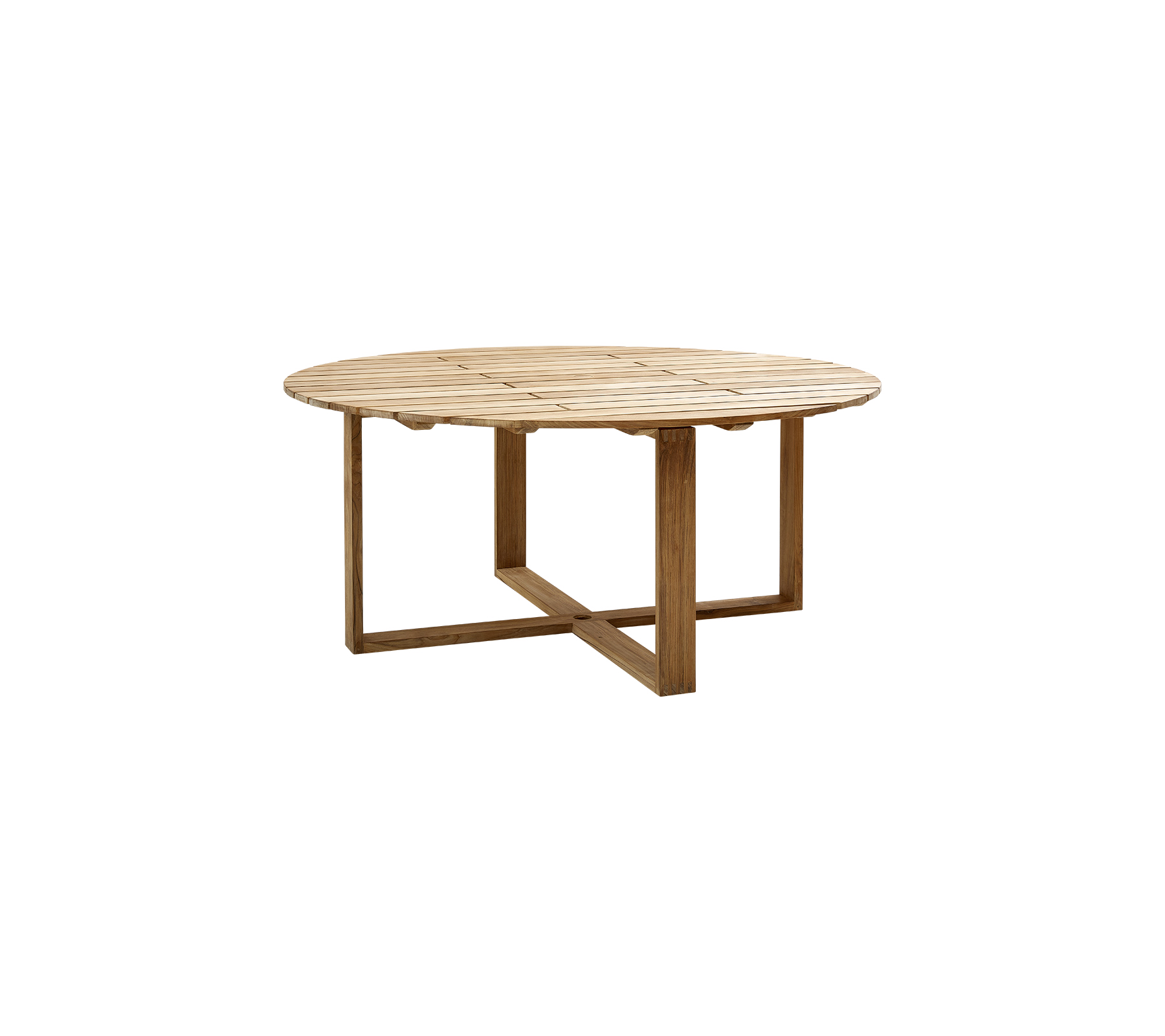 Ronde houten tafel met een natuurlijke afwerking en een stevige, kruisvormige basis, ontworpen voor veelzijdig gebruik.