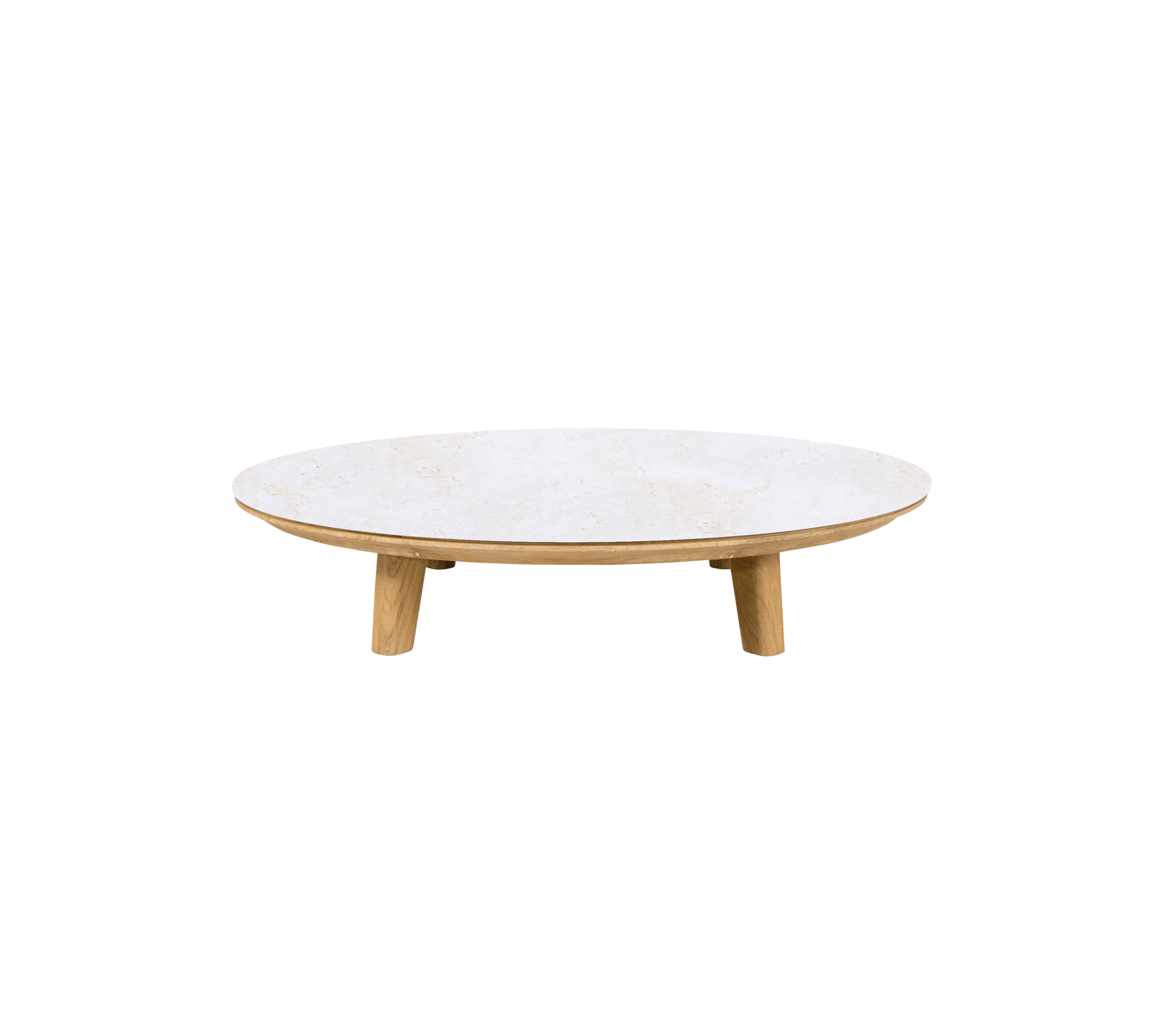 Ronde travertintafel met teak poten.