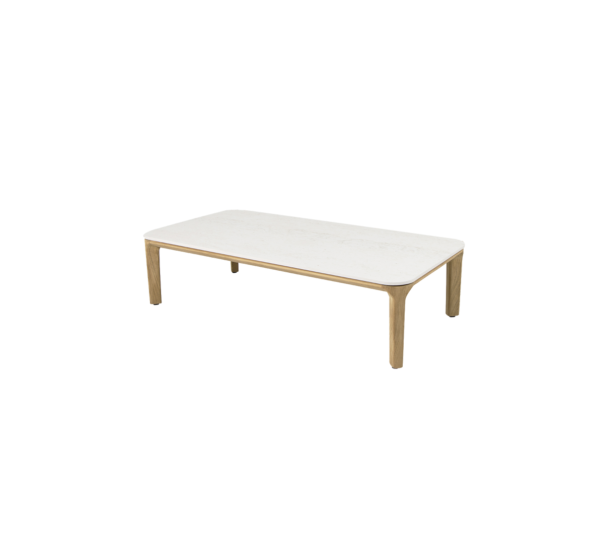 Rechthoekige salontafel met een strakke witte oppervlakte en natuurlijke houten poten, ideaal voor moderne woonruimtes.