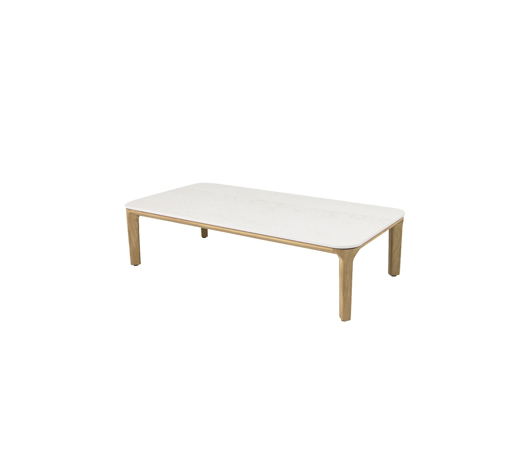 Rechthoekige salontafel met een strakke witte oppervlakte en natuurlijke houten poten, ideaal voor moderne woonruimtes.