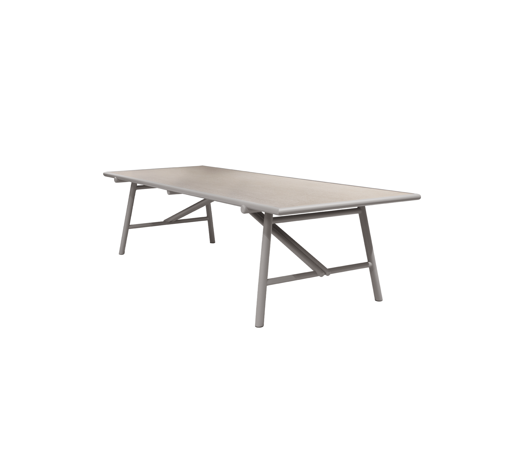 Rechthoekige tafel met een glad oppervlak en stevige poten, geschikt voor verschillende omgevingen en activiteiten.