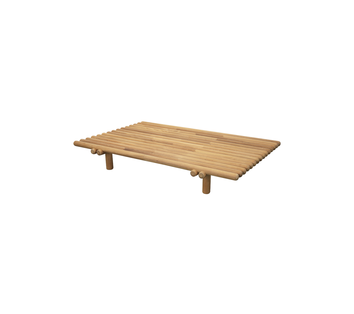 Houten latten tafel met vier poten, met een minimalistisch ontwerp en natuurlijke afwerking, geschikt voor verschillende decoratieve stijlen.
