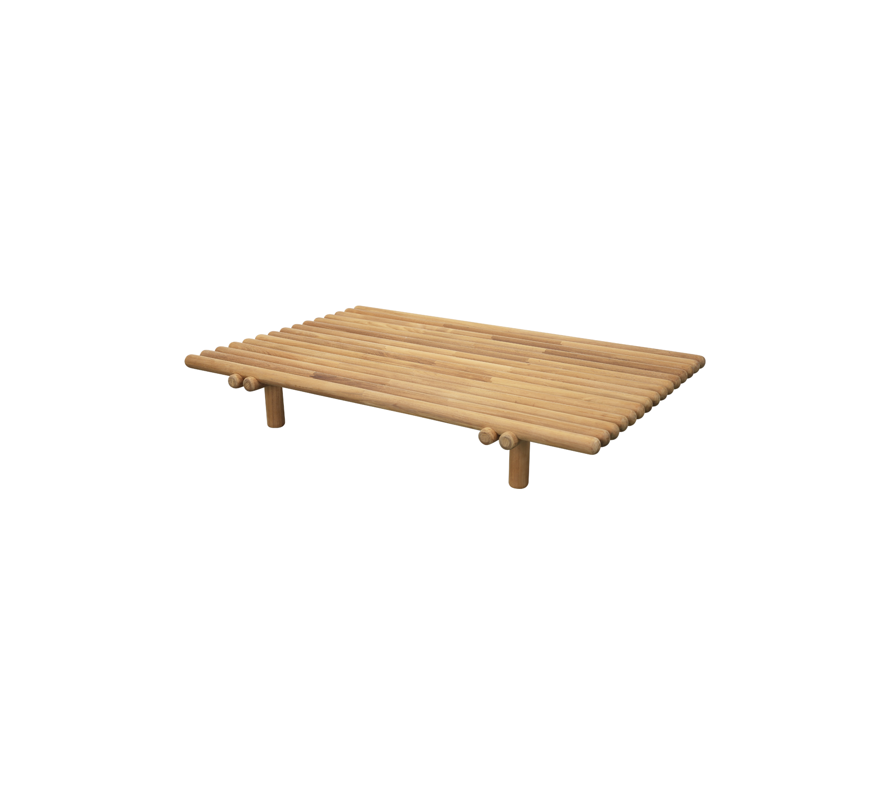 Houten latten tafel met vier poten, met een minimalistisch ontwerp en natuurlijke afwerking, geschikt voor verschillende decoratieve stijlen.