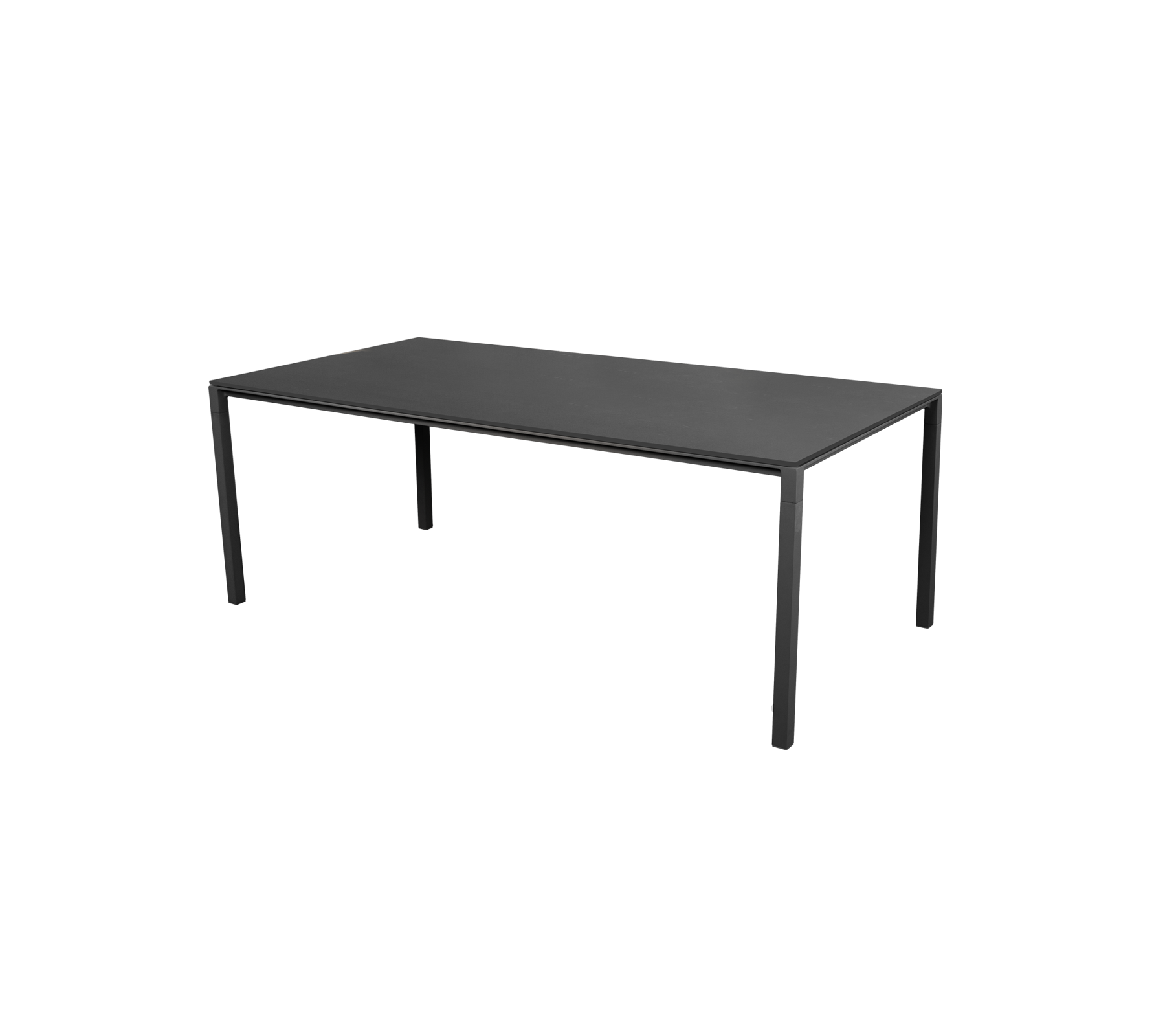 Een strak zwart tafel met een minimalistisch ontwerp met vier rechte poten. Geschikt voor verschillende omgevingen en doeleinden.
